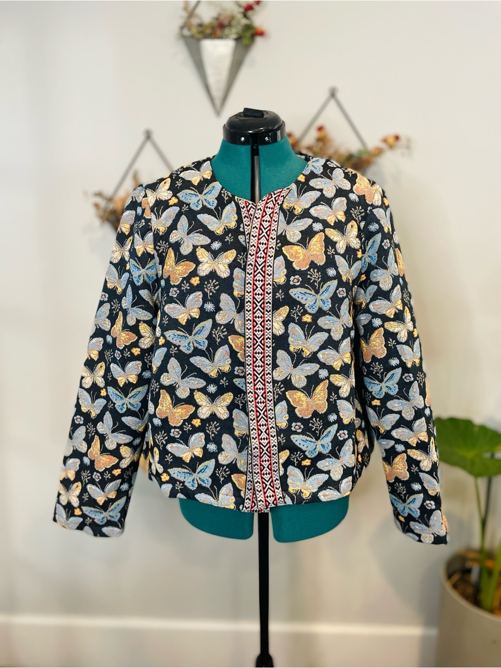 NWT Butterfly Print Bomber Jacket - Navy Blue/Gold 2XL